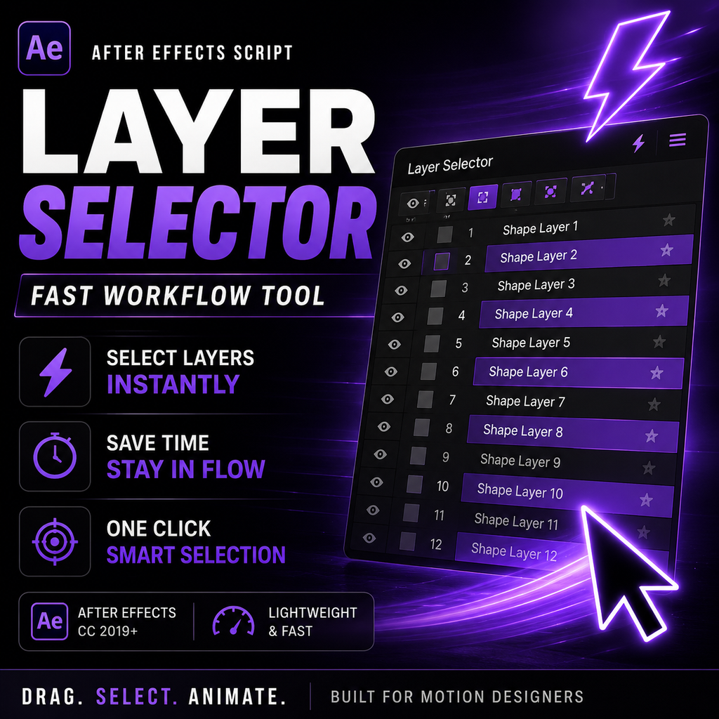 Promotional graphic for an After Effects layer selector script, showing a dark UI panel with layer names and glowing purple text and icons on a black background.