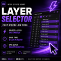Promotional graphic for an After Effects layer selector script, showing a dark UI panel with layer names and glowing purple text and icons on a black background.