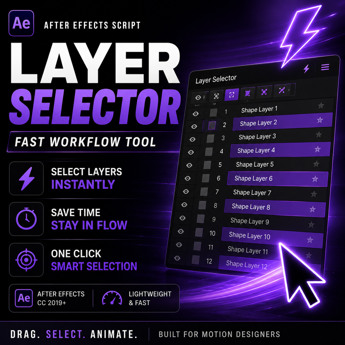 Promotional graphic for an After Effects layer selector script, showing a dark UI panel with layer names and glowing purple text and icons on a black background.