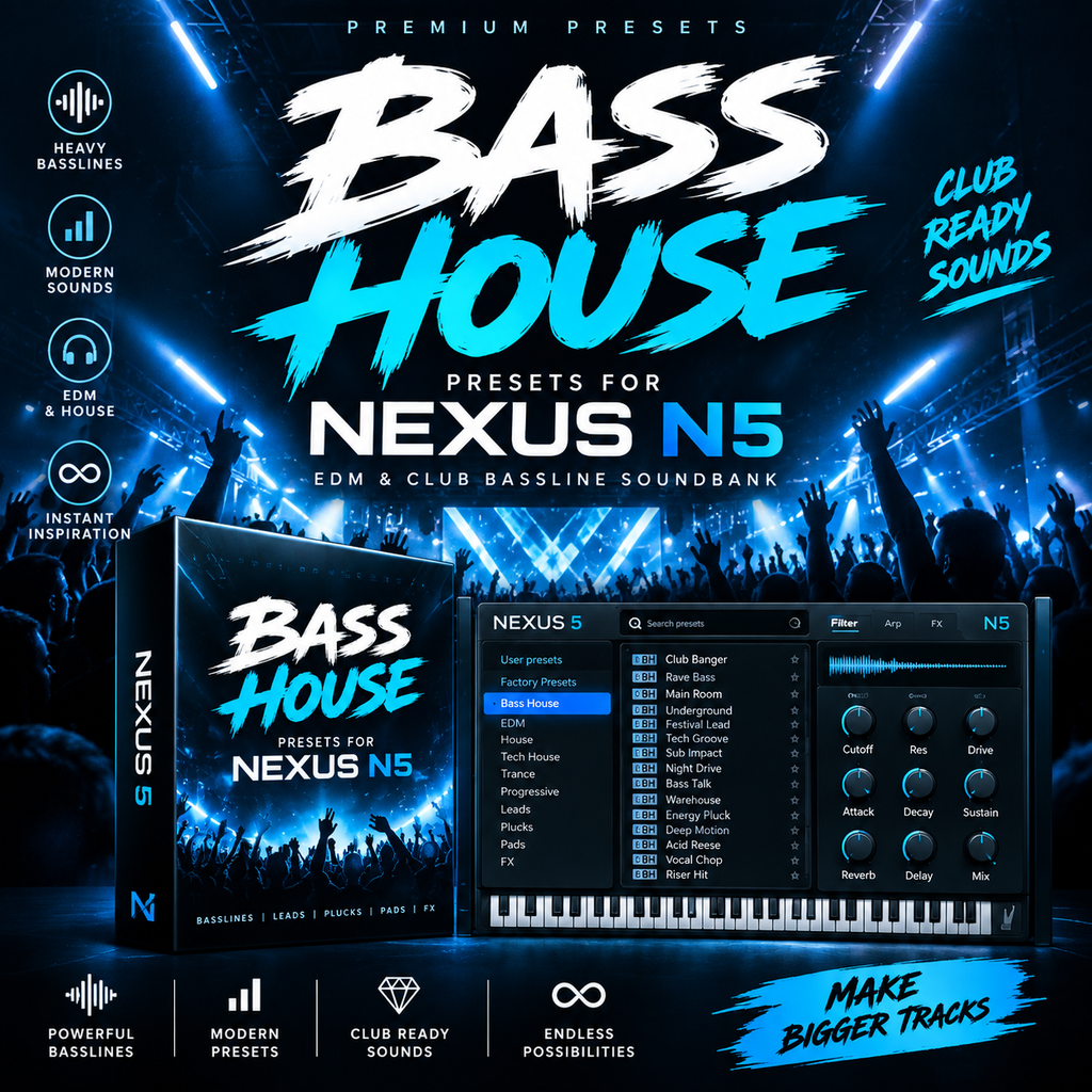 Promotional graphic for Bass House presets for Nexus N5 EDM and club bassline soundbank, showing a software interface screenshot, a product box, and concert crowd visuals with blue stage lighting.
