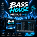 Promotional graphic for Bass House presets for Nexus N5 EDM and club bassline soundbank, showing a software interface screenshot, a product box, and concert crowd visuals with blue stage lighting.