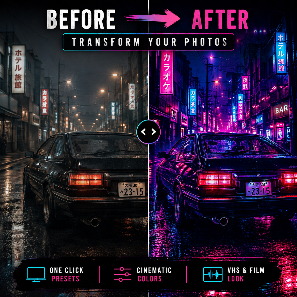 Before and after comparison graphic showing a car on a wet city street at night, with the left side in normal color and the right side heavily stylized in neon pink, purple, and blue tones. Large text reads BEFORE and AFTER with the subtitle Transform Your Photos, plus feature callouts at the bottom.