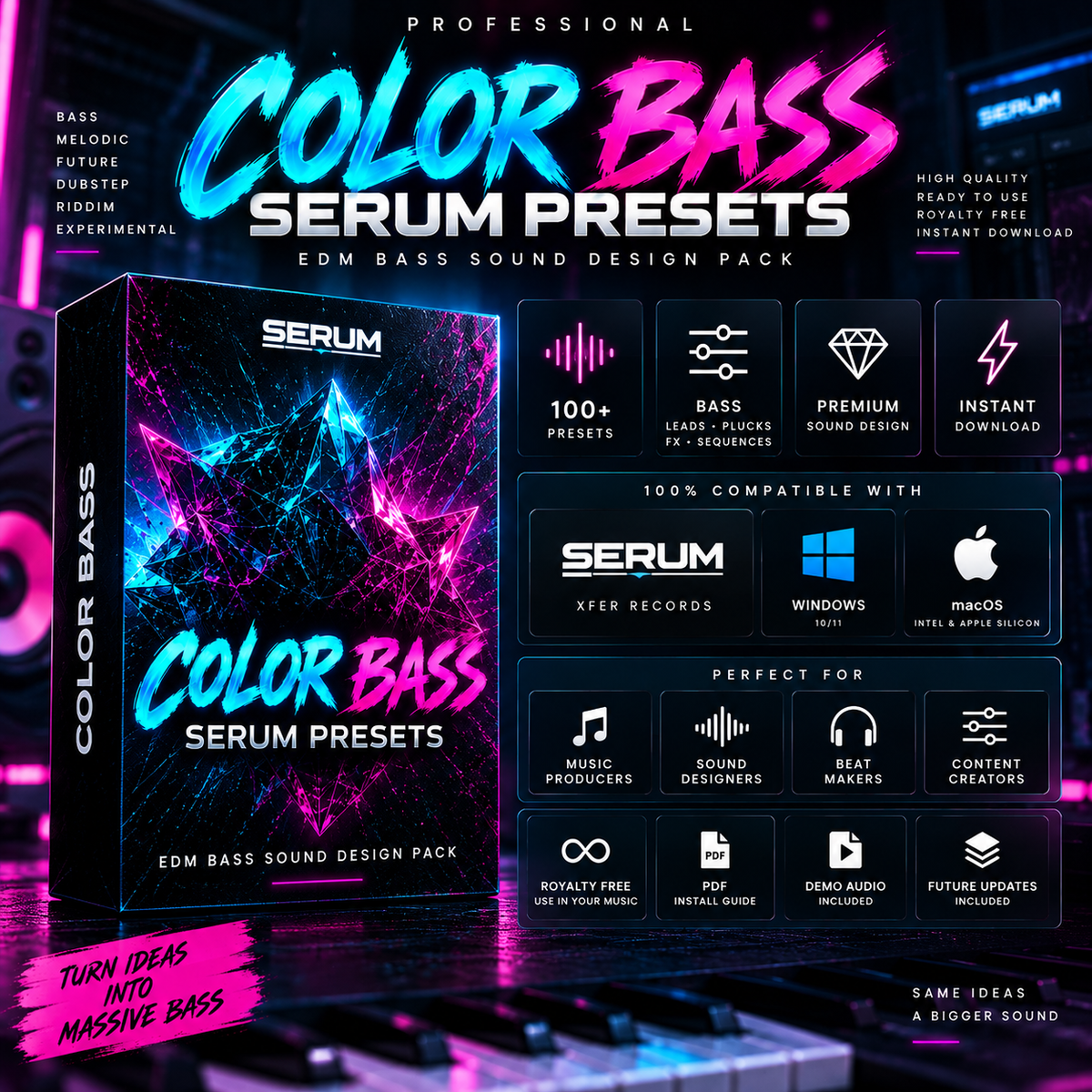 Promotional graphic for Serum presets featuring a boxed product cover and a grid of feature icons. The design uses neon blue, pink, and purple tones on a dark background, with visible text including 'Color Bass Serum Presets,' '100+ Presets,' '100% Compatible with Serum,' 'Windows,' 'macOS,' and 'Xfer Records.