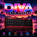 Promotional cover art for 'DIVA SYNTH PRESETS' showing a red modular synthesizer interface floating over a neon sunset beach scene with palm trees, mountains, and water. Large text reads 'DIVA', 'SYNTH PRESETS', and '450 PREMIUM SOUNDS', with feature icons along the bottom.