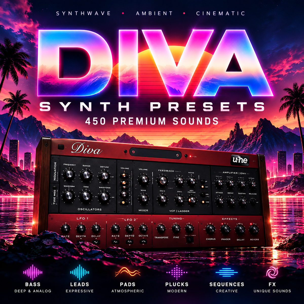 Promotional cover art for 'DIVA SYNTH PRESETS' showing a red modular synthesizer interface floating over a neon sunset beach scene with palm trees, mountains, and water. Large text reads 'DIVA', 'SYNTH PRESETS', and '450 PREMIUM SOUNDS', with feature icons along the bottom.