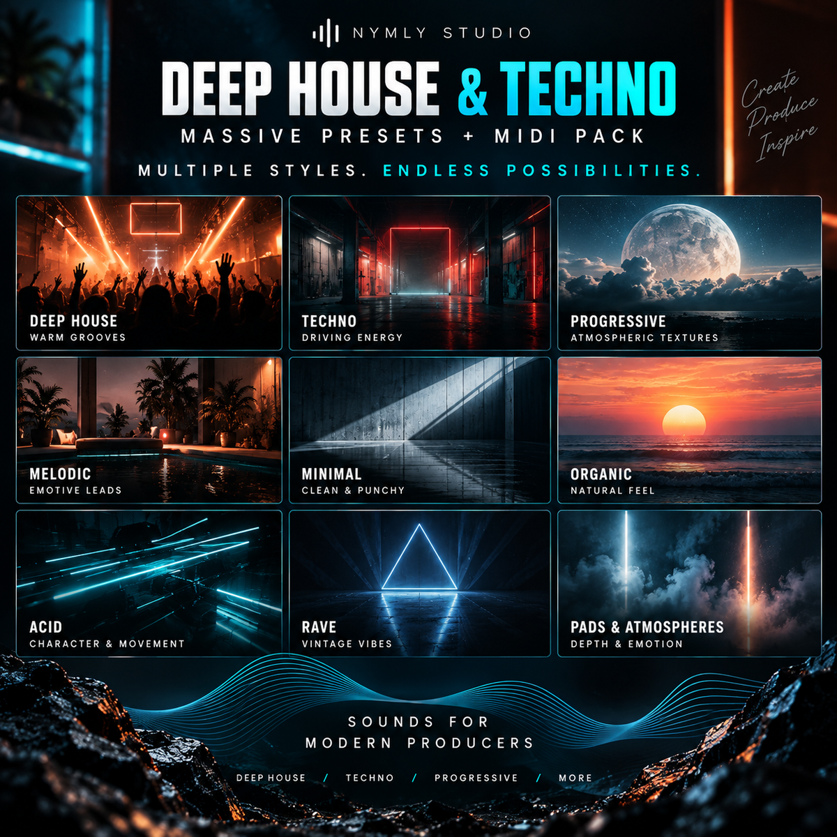 Promotional graphic for a digital preset and MIDI pack titled 'Deep House & Techno' by Nymly Studio, showing a grid of six mood boards and scenes with neon lighting, a moon, an ocean sunset, and abstract soundwave effects.