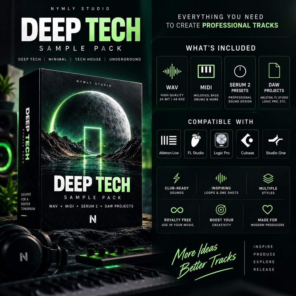 Deep Tech sample pack with WAV, MIDI, Serum 2 presets, DAW projects, and major DAW compatibility.