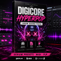 Box art for 'Digicore Hyperpop Drum Sound Pack' by Nymly Studio, featuring a stylized skull with glowing pink X eyes on a dark background with purple and pink audio interface graphics.