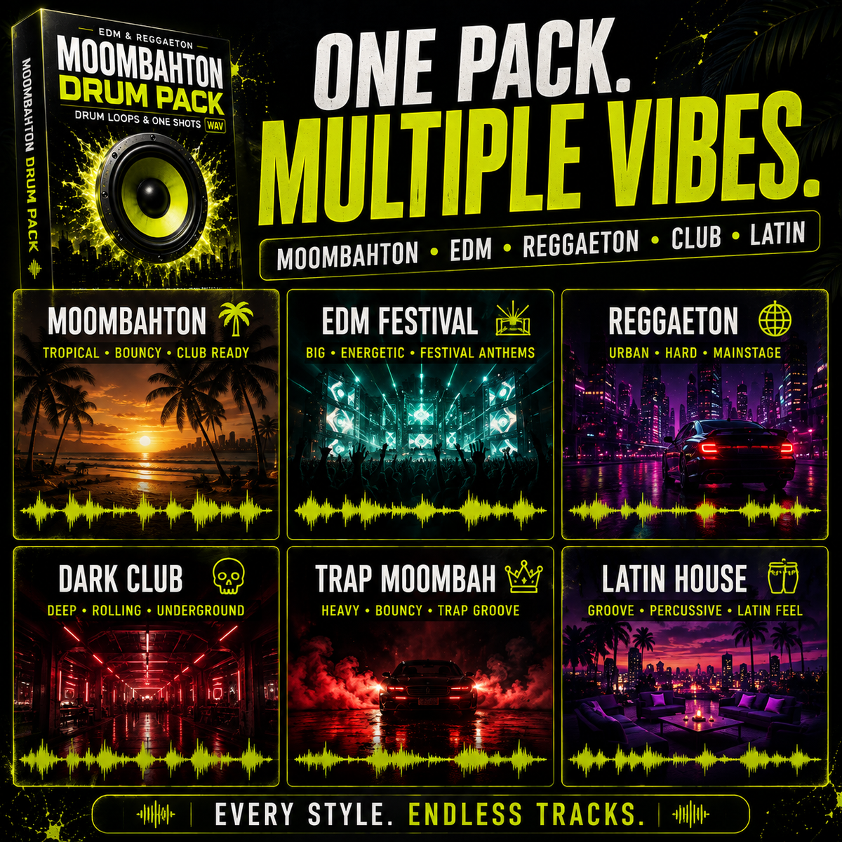 Promotional graphic for a drum loop pack titled 'MOOBAHTON DRUM PACK' with the tagline 'ONE PACK. MULTIPLE VIBES.