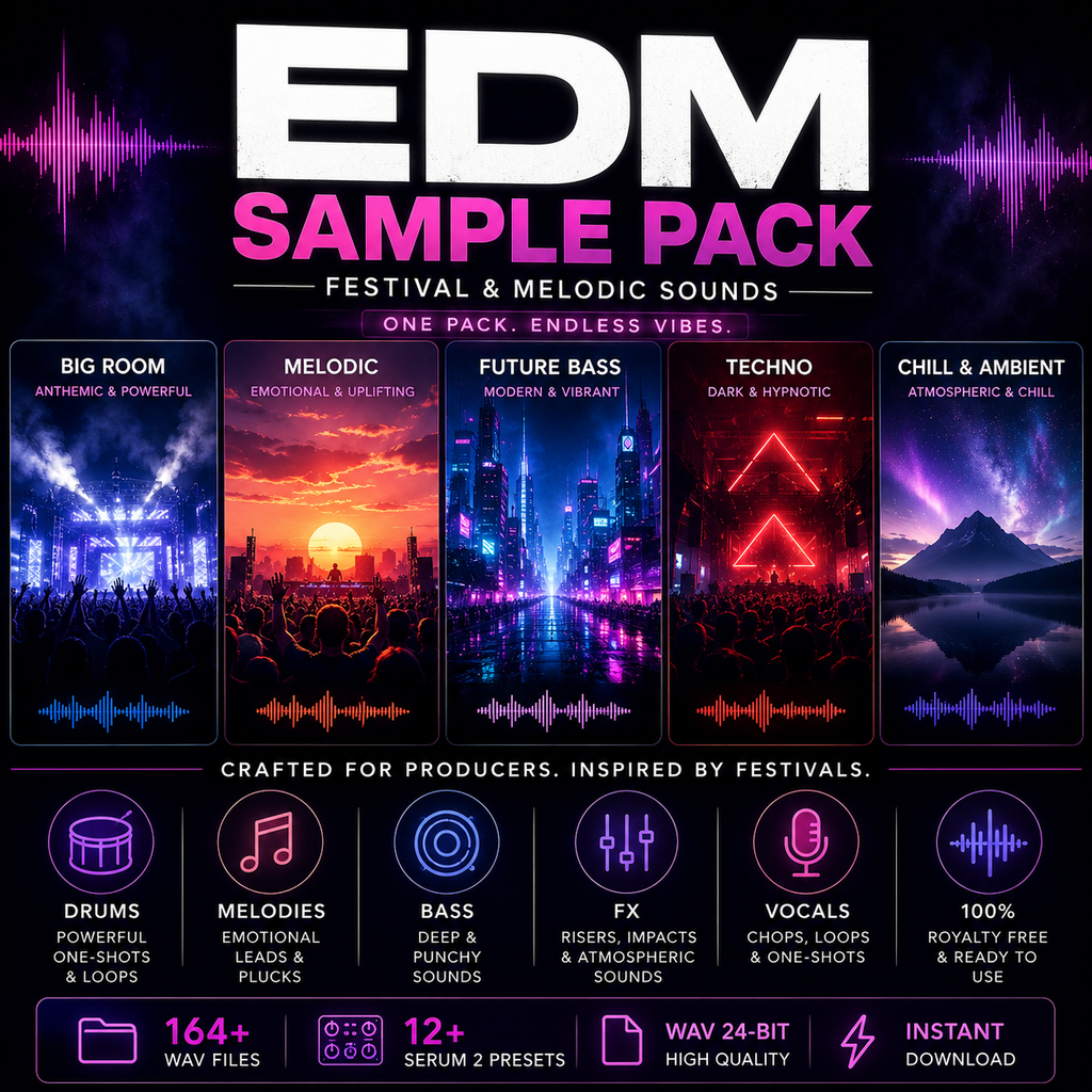 Promotional graphic for an EDM sample pack featuring six illustrated music scene panels with neon concert lighting, plus icons and text describing sound categories, preset count, and download details.