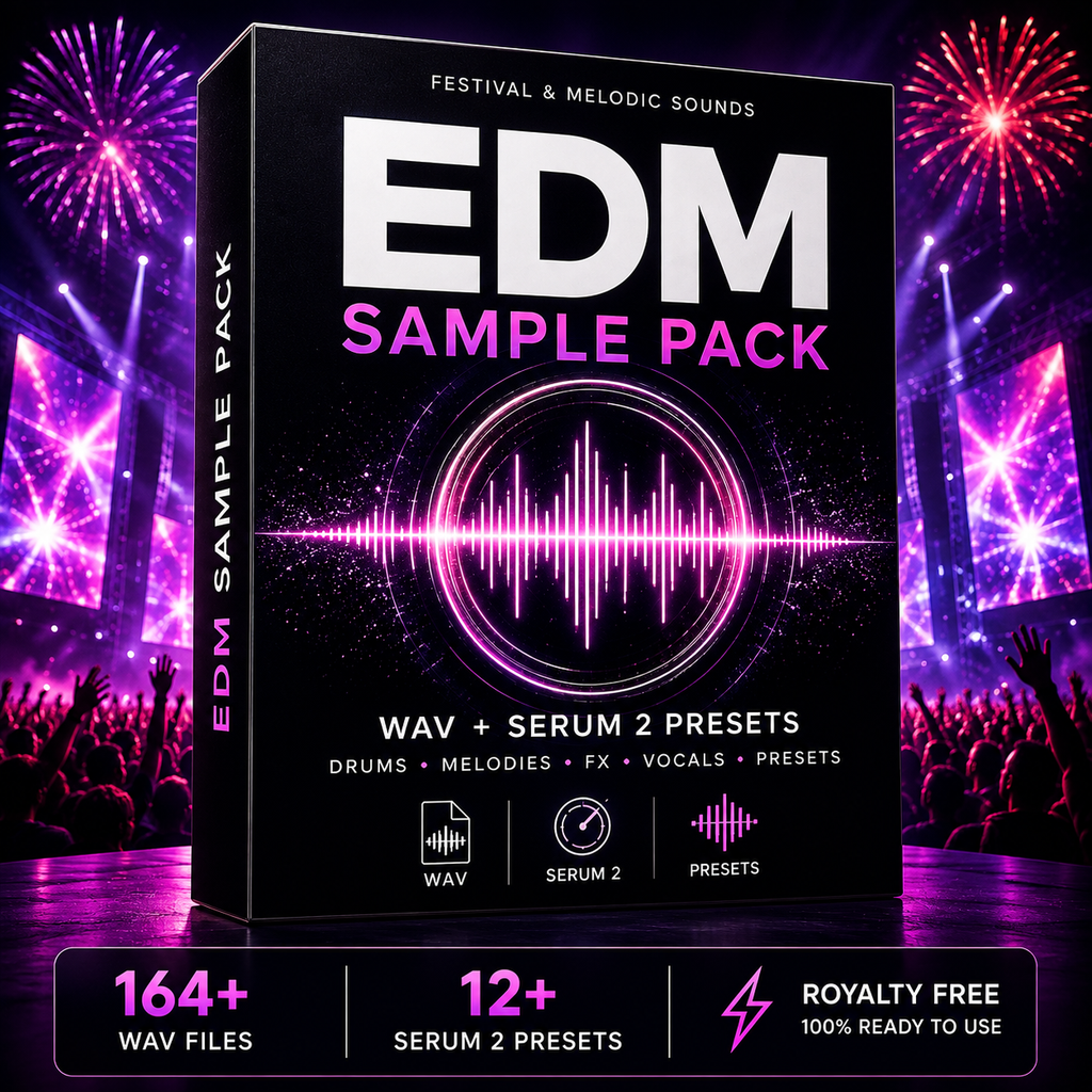 A boxed digital product mockup labeled 'EDM SAMPLE PACK' on a dark stage with neon purple and pink concert lighting and fireworks in the background. The box includes text such as 'FESTIVAL & MELODIC SOUNDS,' 'WAV + SERUM 2 PRESETS,' and icons for drums, melodies, FX, vocals, and presets.