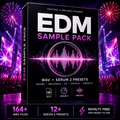 A boxed digital product mockup labeled 'EDM SAMPLE PACK' on a dark stage with neon purple and pink concert lighting and fireworks in the background. The box includes text such as 'FESTIVAL & MELODIC SOUNDS,' 'WAV + SERUM 2 PRESETS,' and icons for drums, melodies, FX, vocals, and presets.