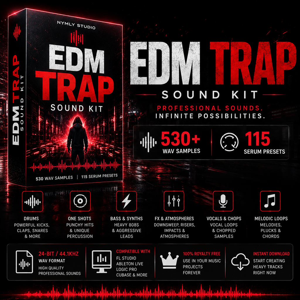 Promotional graphic for the 'EDM TRAP Sound Kit' by Nymy Studio, showing a 3D software box mockup on the left and a large text banner on the right. The design features a dark red and black color scheme with glowing red text, a silhouette of a person in a rainy city street, and various sound effect icons and feature callouts.