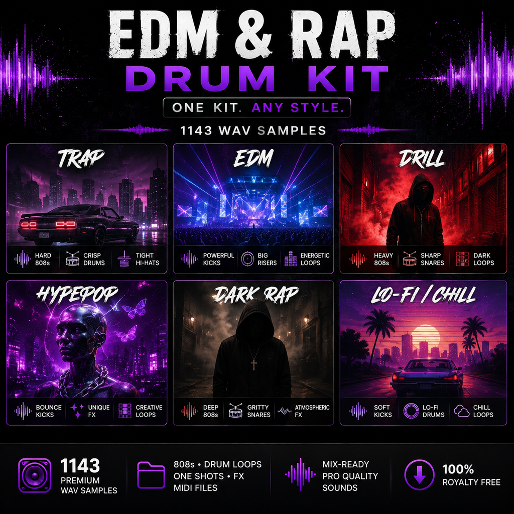 Promotional graphic for an EDM and Rap Drum Kit featuring six illustrated style panels labeled Trap, EDM, Drill, Hypepop, Dark Rap, and Lo-Fi/Chill, with purple soundwave graphics and text claiming 1143 wav samples and 808s, 808 drum loops, MIDI files, and 100% royalty free.