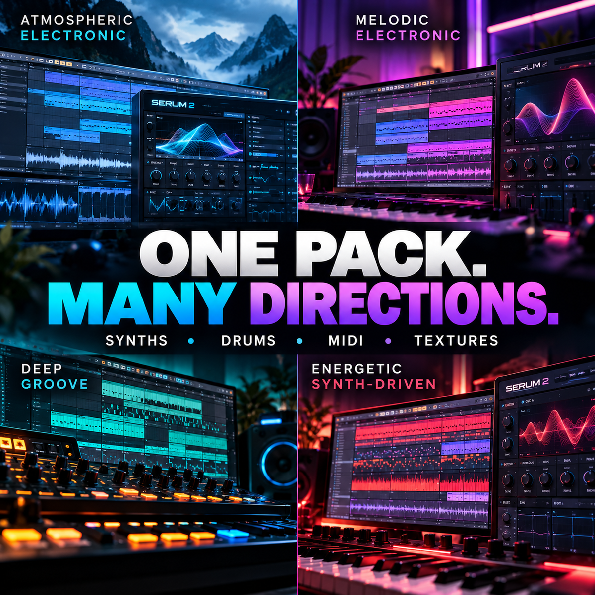 Electronic music sample pack featuring diverse synth, drum, MIDI and atmospheric production styles