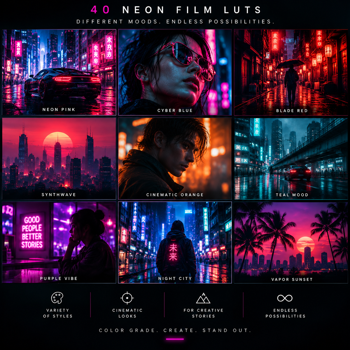 A promotional graphic for a set of 40 neon film luts, showing a 3x3 grid of stylized cityscapes and portraits in different colorways: neon pink, cyber blue, blade red, synthwave, cinematic orange, and teal mood. Text at the top reads '40 NEON FILM LUTS' and the bottom text says 'VARIETY OF STYLES, CINEMATIC LOOKS, FOR CREATIVE STORIES, ENDLESS POSSIBILITIES.