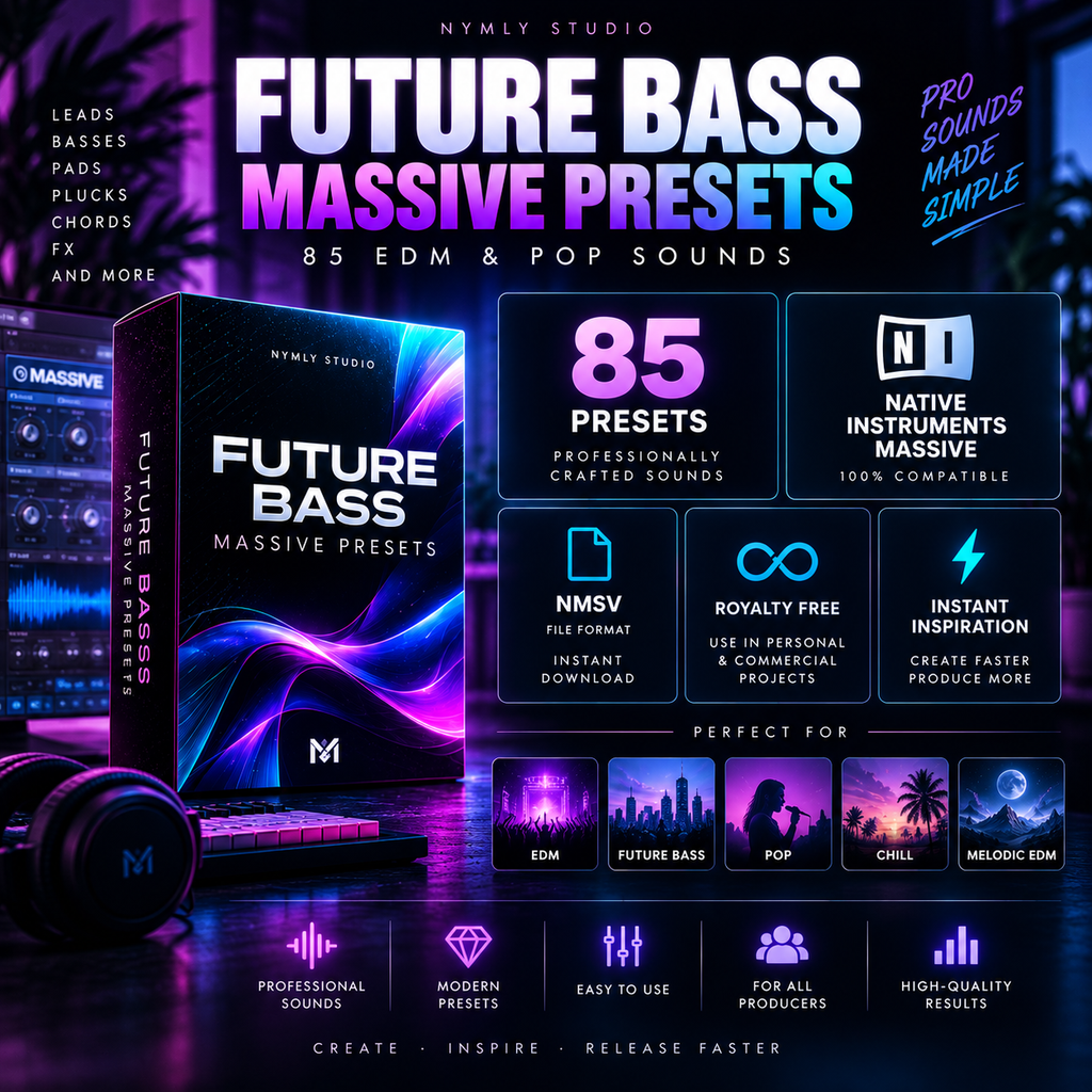 Promotional graphic for a digital preset pack titled 'FUTURE BASS MASSIVE PRESETS' by Nymly Studio. The design features a dark, neon-lit software interface background with a large product box, a pair of headphones, and multiple feature callouts such as '85 PRESETS', 'NATIVE INSTRUMENTS MASSIVE', 'ROYALTY FREE', and 'INSTANT INSPIRATION'.