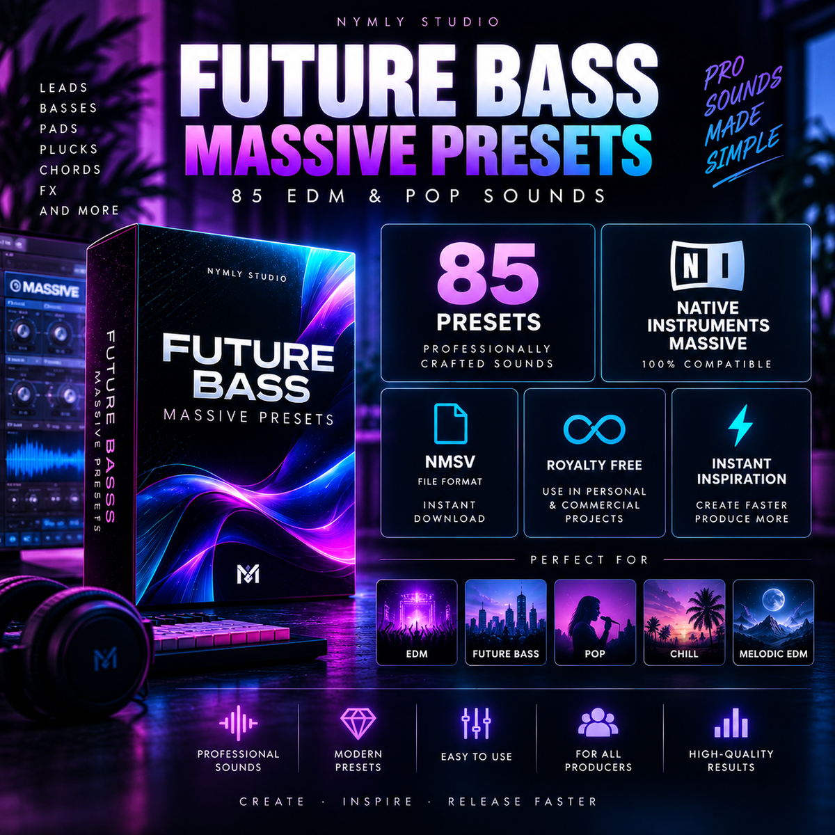 Promotional graphic for a digital preset pack titled 'FUTURE BASS MASSIVE PRESETS' by Nymly Studio. The design features a dark, neon-lit software interface background with a large product box, a pair of headphones, and multiple feature callouts such as '85 PRESETS', 'NATIVE INSTRUMENTS MASSIVE', 'ROYALTY FREE', and 'INSTANT INSPIRATION'.
