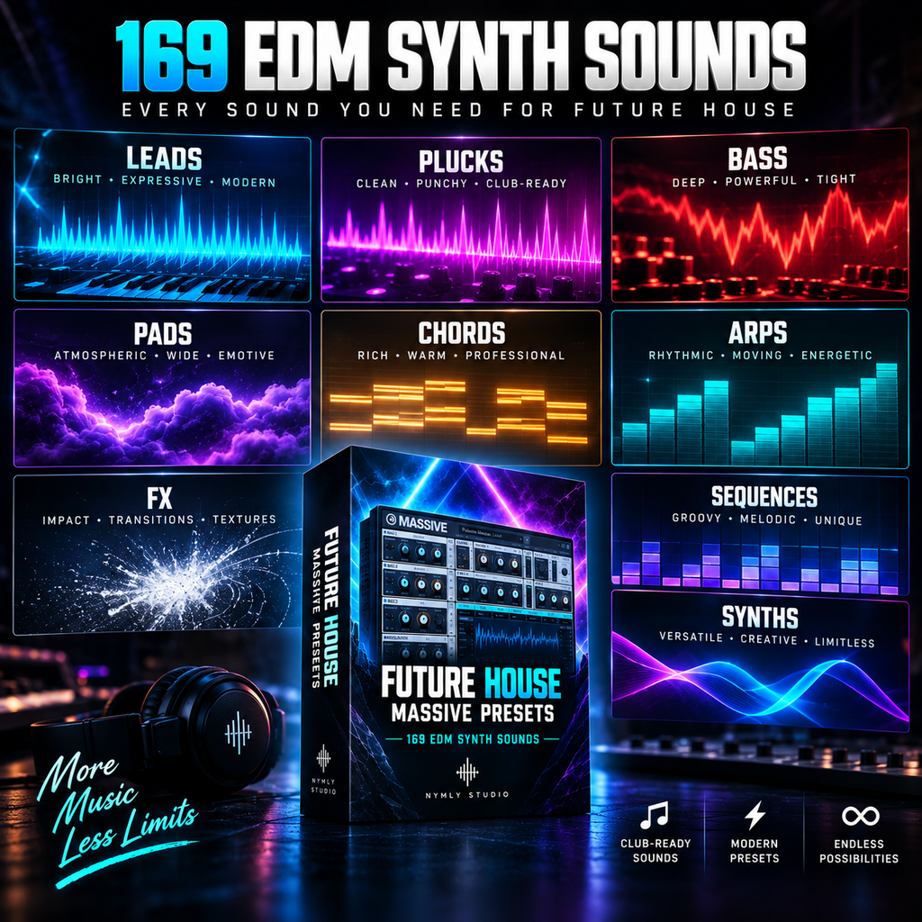 Promotional graphic for a music preset pack titled '169 EDM SYNTH SOUNDS' with a central software box labeled 'FUTURE HOUSE MASSIVE PRESETS' and multiple colored waveform panels for leads, plucks, bass, pads, chords, arps, sequences, and FX. Headphones appear in the lower left, and the design uses neon blue, purple, pink, and orange lighting.