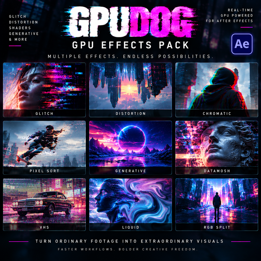 Promotional graphic for a GPU effects pack with the text 'GPUDOG GPU EFFECTS PACK' and multiple preview tiles showing stylized digital effects such as glitch, distortion, chromatic, pixel sort, generative, datamosh, VHS, liquid, and RGB split. An Adobe Illustrator logo (Ai) is visible in the top right.
