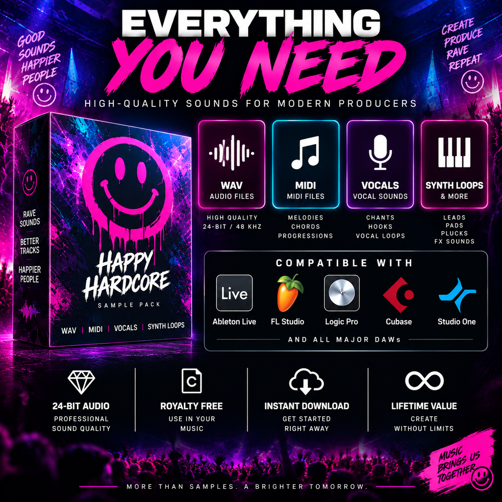 Promotional graphic for a digital sample pack titled 'Everything You Need' with 'Happy Hardcore' branding. The design features a dark purple and black background with neon pink and white text, showcasing a product box, four feature tiles (WAV audio files, MIDI files, vocals, synth loops), compatibility logos for Able Live, FL Studio, Logic Pro, Cubase, and Studio One, and benefit callouts including 24-bit audio, royalty-free use, instant download, and lifetime value.