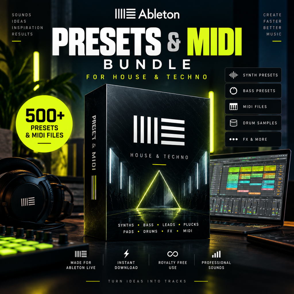 Promotional graphic for the Ableton Presets & MIDI Bundle for House & Techno, showing a black software box with glowing yellow geometric graphics, a laptop with a DAW interface, headphones, and text callouts including '500+ Presets & MIDI Files' and 'For House & Techno'.