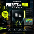 Promotional graphic for the Ableton Presets & MIDI Bundle for House & Techno, showing a black software box with glowing yellow geometric graphics, a laptop with a DAW interface, headphones, and text callouts including '500+ Presets & MIDI Files' and 'For House & Techno'.