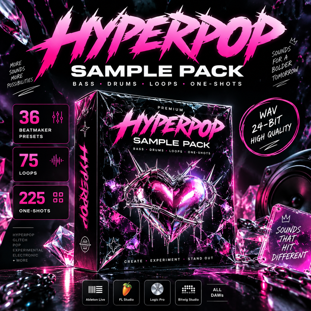 Promotional graphic for the Hyperpop Sample Pack, showing a stylized software/sample pack box with neon pink and purple artwork, large 'HYPERPOP SAMPLE PACK' text, feature callouts, and music gear graphics on a dark reflective background.
