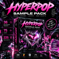 Promotional graphic for the Hyperpop Sample Pack, showing a stylized software/sample pack box with neon pink and purple artwork, large 'HYPERPOP SAMPLE PACK' text, feature callouts, and music gear graphics on a dark reflective background.