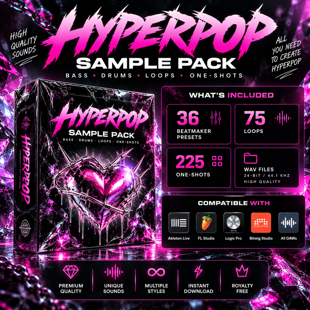 Promotional graphic for a digital sample pack titled 'Hyperpop Sample Pack' with a stylized black box featuring pink and purple neon artwork. Large pink and white text reads 'HYPERPOP SAMPLE PACK' at the top, and a 'What's Included' panel lists 36 beatmaker presets, 75 loops, 225 one-shots, WAV files, and compatibility with Able Live, FL Studio, Logic Pro, and Sound Studio.