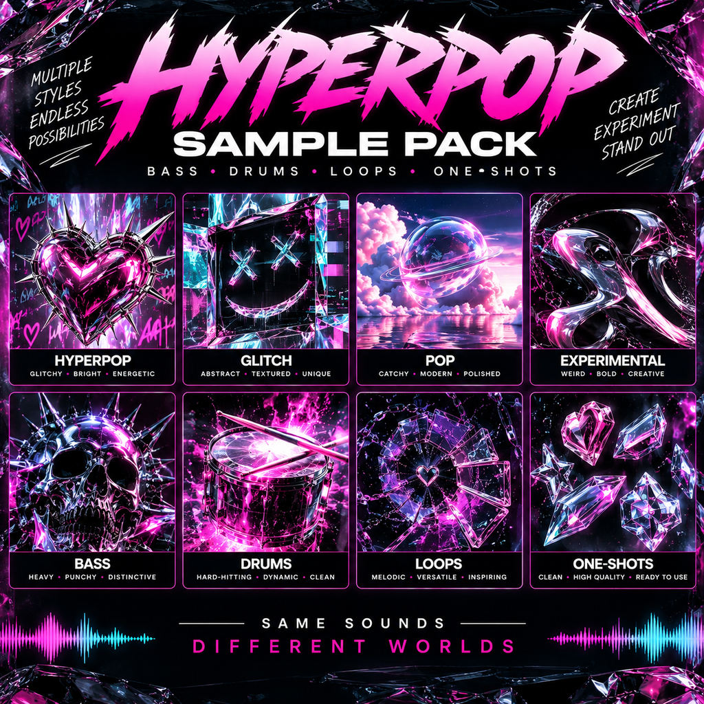 Promotional graphic for a 'Hyperpop Sample Pack' featuring eight illustrated sample categories: Hyperpop, Glitch, Pop, Experimental, Bass, Drums, Loops, and One-Shots. The design uses a dark background with vivid neon pink, purple, and cyan graphics, plus a soundwave motif at the bottom.