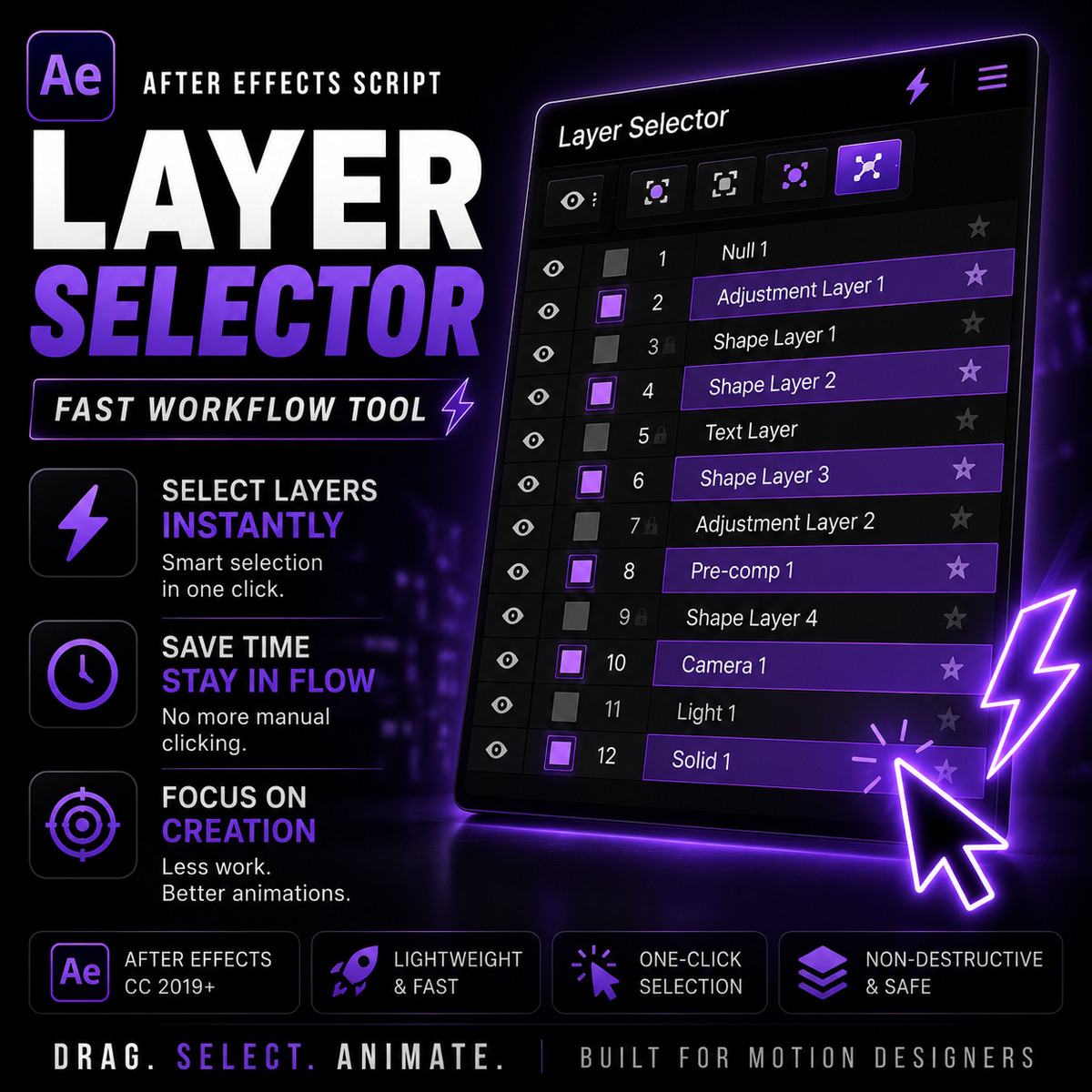 Promotional graphic for an After Effects layer selector script, showing a digital interface panel with layer names and glowing purple callouts on a dark gradient background. Text highlights features like instant layer selection, workflow speed, and motion design compatibility.
