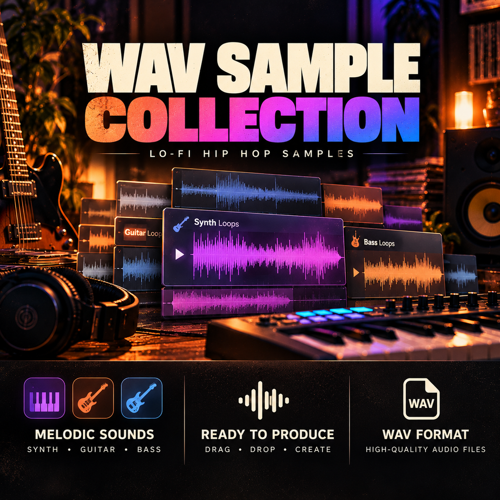 Promotional graphic for a WAV sample collection for lo-fi hip hop production, showing floating audio clip panels labeled Synth Loops, Guitar Loops, and Bass Loops over a dark studio setup with headphones, guitar, keyboard, and speakers. Large text reads 'WAV SAMPLE COLLECTION' and smaller text says 'LO-FI HIP HOP SAMPLES.