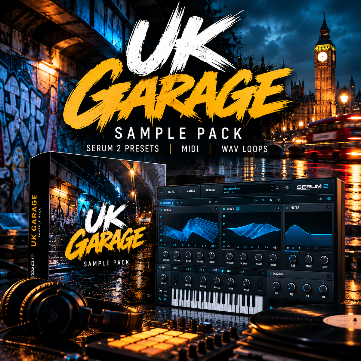 Promotional graphic for the UK Garage Sample Pack, showing a software sampler interface, a branded box, headphones, and a mixing console set against a London night scene with Big Ben and streetlights.