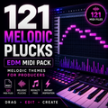 Promotional graphic for a digital MIDI pack titled '121 Melodic Plucks EDM Midi Pack' with large white and purple text, a keyboard, a digital audio workstation interface, and feature icons on a dark purple background.