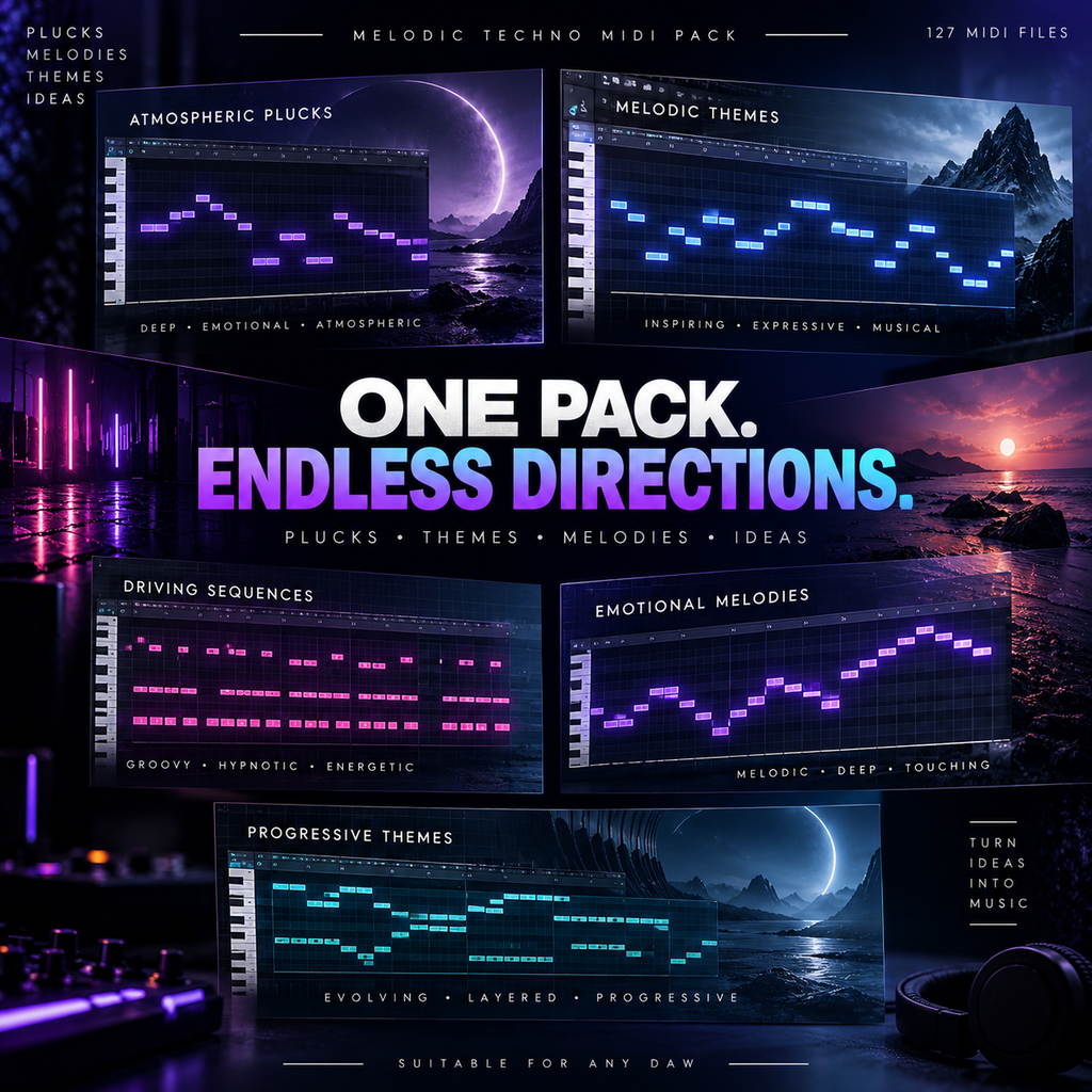 Melodic Techno MIDI pack showcasing diverse plucks, melodic themes, emotional melodies, and driving sequences.
