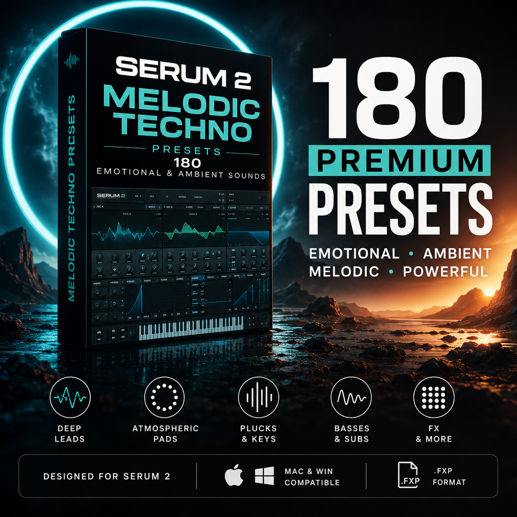 Promotional graphic for Serum 2 Melodic Techno Presets, showing a software preset pack box on a dark reflective surface with large text reading '180 Premium Presets' and feature icons for deep leads, atmospheric pads, plucks & keys, basses & subs, and FX more. Apple and Windows compatibility logos are visible.