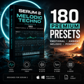 Promotional graphic for Serum 2 Melodic Techno Presets, showing a software preset pack box on a dark reflective surface with large text reading '180 Premium Presets' and feature icons for deep leads, atmospheric pads, plucks & keys, basses & subs, and FX more. Apple and Windows compatibility logos are visible.
