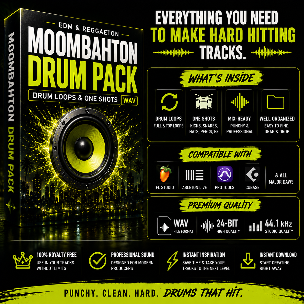 Promotional graphic for the Moombahton Drum Pack by EDM and Reggaeton, showing a large illustrated drum box cover with yellow and black text, feature callouts, compatibility logos, and quality badges on a dark background.