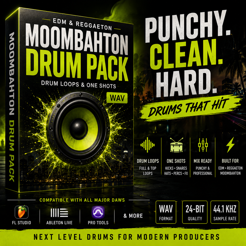 Promotional graphic for the Moombahton Drum Pack, showing a black box-style cover with a large speaker graphic and bright yellow-green text. The design includes feature callouts such as EDM and reggaeton style, WAV format, 24-bit quality, 44.