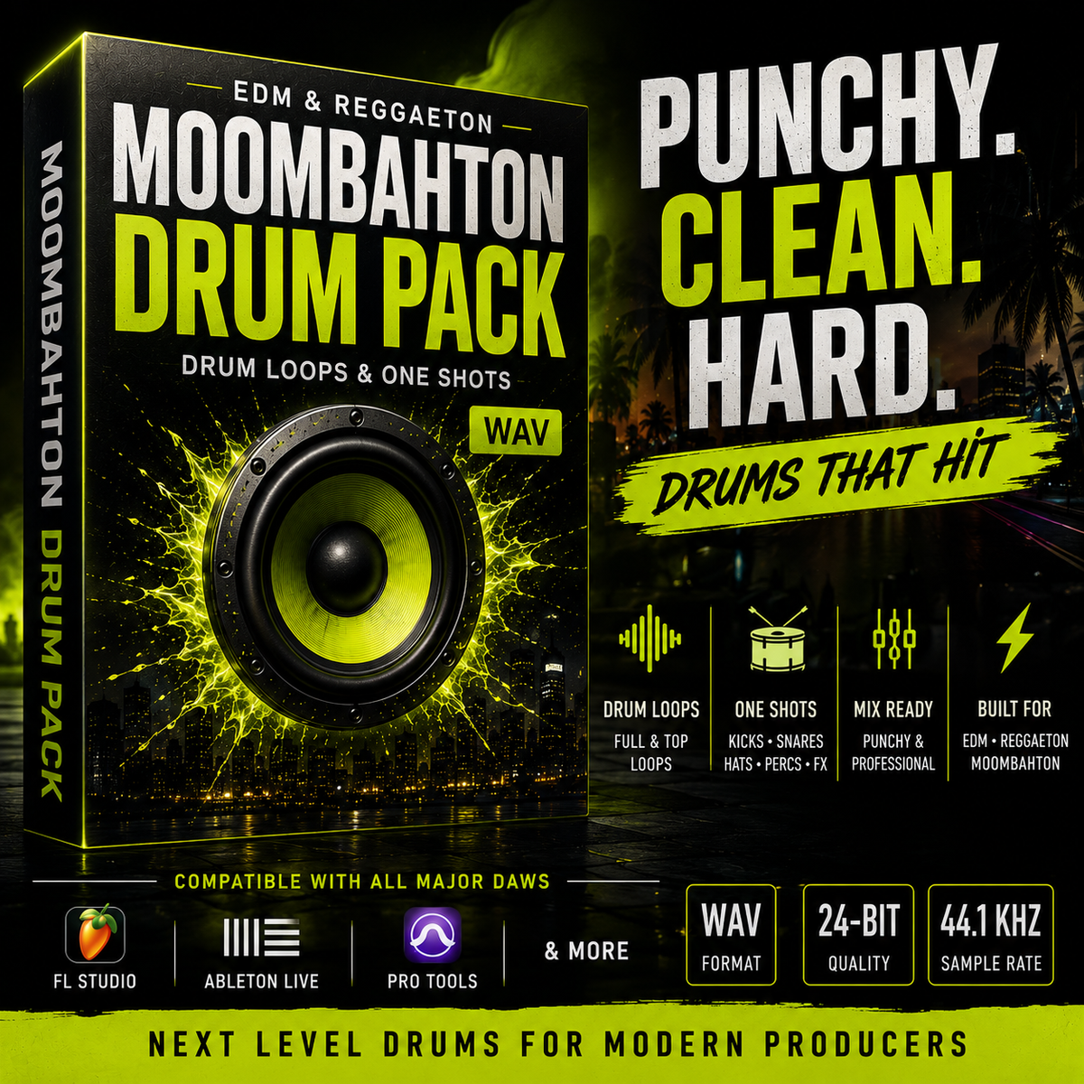 Promotional graphic for the Moombahton Drum Pack, showing a black box-style cover with a large speaker graphic and bright yellow-green text. The design includes feature callouts such as EDM and reggaeton style, WAV format, 24-bit quality, 44.