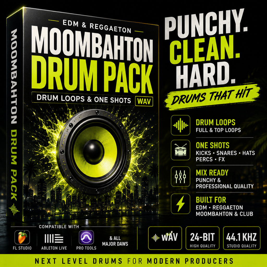 Promotional graphic for the 'Moombahton Drum Pack WAV' by EDM & Reggaeton. The image features a 3D software-style box cover on the left with a large speaker graphic, and a black background on the right with bold yellow and white text highlighting features like drum loops, one shots, and professional quality.