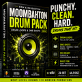 Promotional graphic for the 'Moombahton Drum Pack WAV' by EDM & Reggaeton. The image features a 3D software-style box cover on the left with a large speaker graphic, and a black background on the right with bold yellow and white text highlighting features like drum loops, one shots, and professional quality.