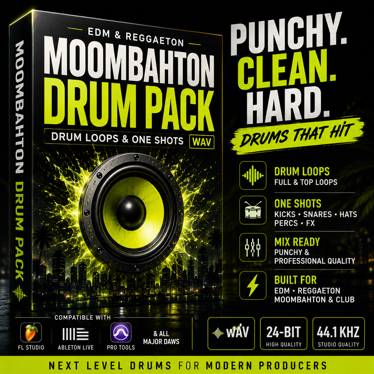 Promotional graphic for the 'Moombahton Drum Pack WAV' by EDM & Reggaeton. The image features a 3D software-style box cover on the left with a large speaker graphic, and a black background on the right with bold yellow and white text highlighting features like drum loops, one shots, and professional quality.