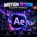 Promotional graphic for an all-in-one Motion Design Plugin Bundle, featuring the Adobe After Effects 'Ae' logo in the center, surrounded by glowing interface panels, abstract neon effects, and marketing text such as 'Animation | VFX | Creative Tools' and 'Animate | Create | Inspire.'.