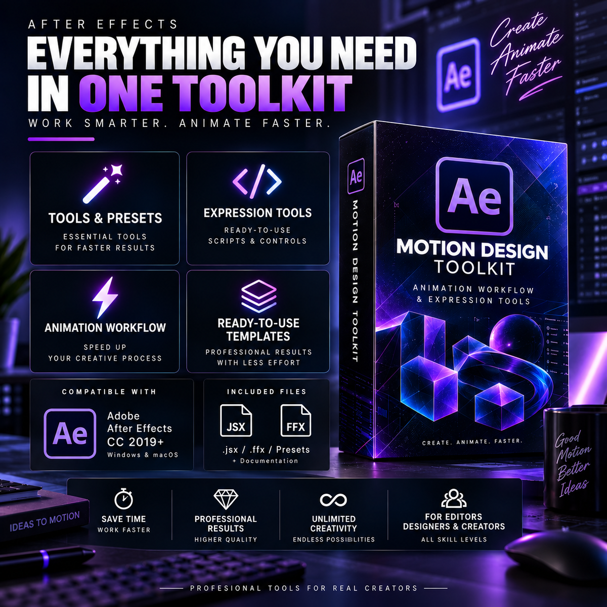 Promotional graphic for the Adobe After Effects Motion Design Toolkit, showing a large product box, feature callouts, compatibility badges, and a small mug on a dark neon-lit background. Visible branding includes Adobe After Effects and the Motion Design Toolkit.