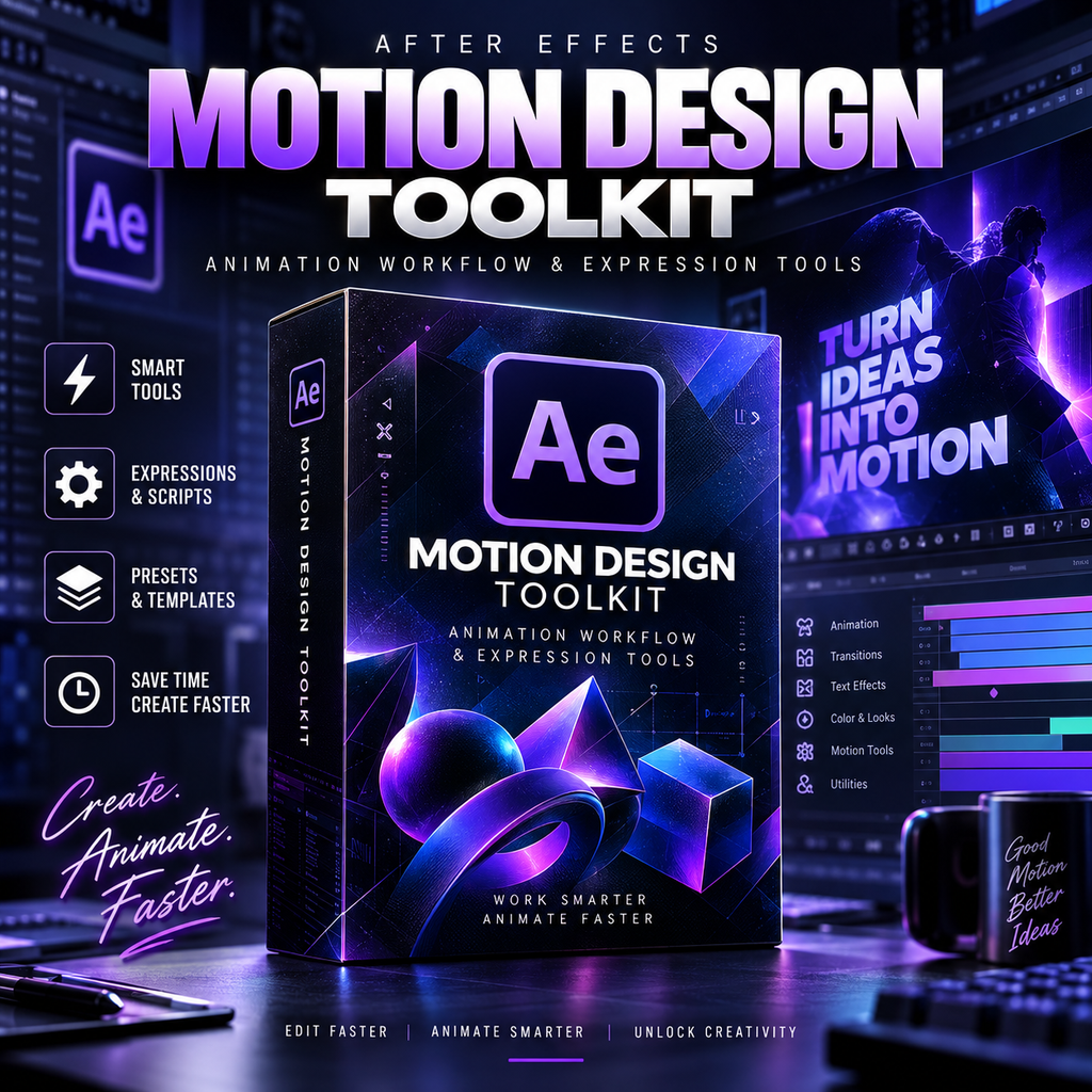 Promotional graphic for a Motion Design Toolkit software bundle, showing a stylized software box in the center with large text reading 'MOTION DESIGN TOOLKIT' and 'Animation Workflow & Expression Tools.' The scene includes interface panels, feature callouts on the left, and a laptop at lower right, all in a dark purple/blue cyberpunk design aesthetic.