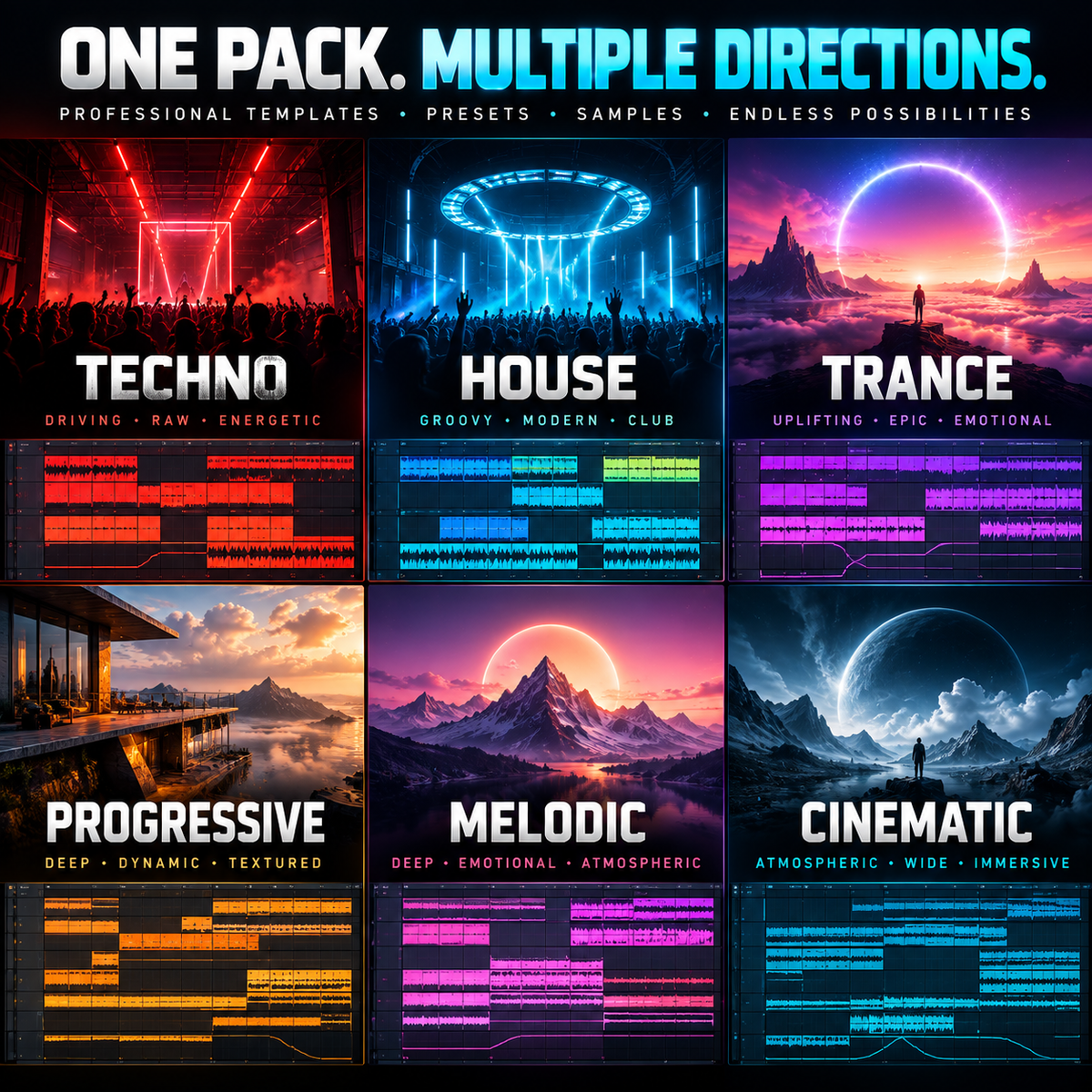 A promotional collage for a digital music template pack, showing six stylized album-cover designs labeled Techno, House, Trance, Progressive, Melodic, and Cinematic, with glowing neon graphics and track-list text blocks.