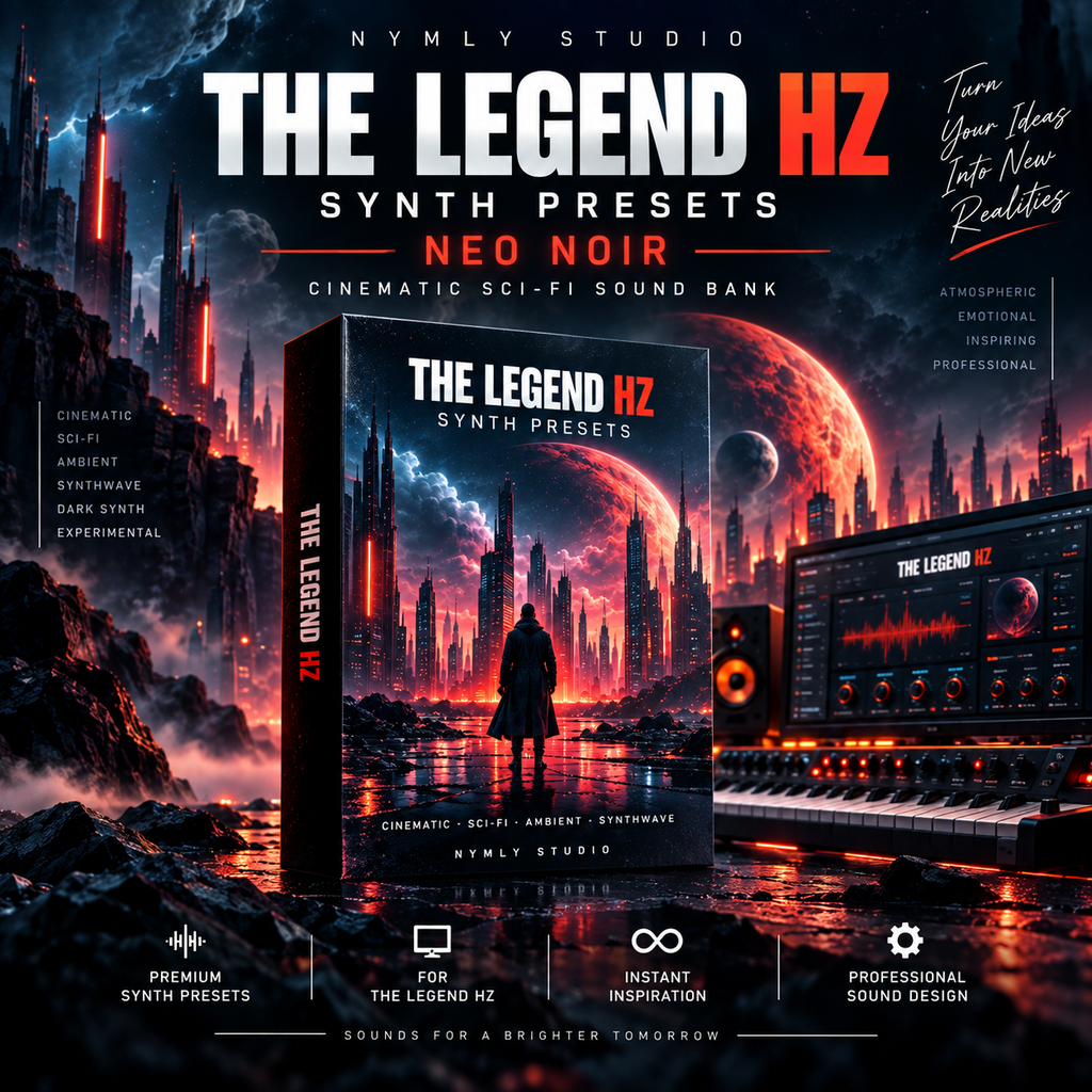 Promotional graphic for 'The Legend HZ' Synth Presets by Nymly Studio, featuring a large 3D software box cover, a digital synthesizer interface, and sci-fi city artwork in a dark neon color palette.
