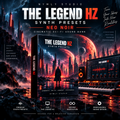 Promotional graphic for 'The Legend HZ' Synth Presets by Nymly Studio, featuring a large 3D software box cover, a digital synthesizer interface, and sci-fi city artwork in a dark neon color palette.